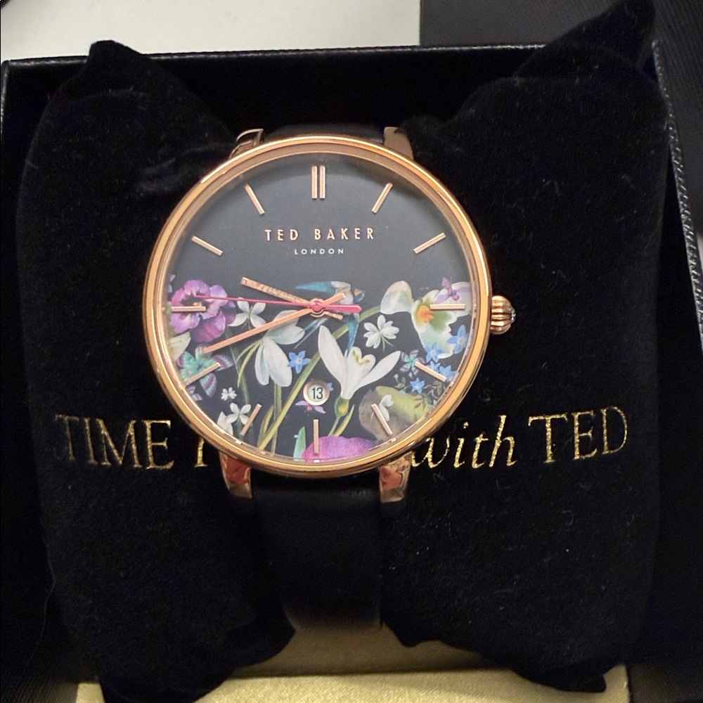 Ted Baker Black Strap Watch with Floral Design